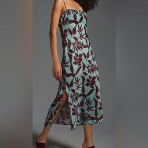 Anthropologie Light Teal & Deep Wine Print Midi Dress/Spaghetti Strap/P Small